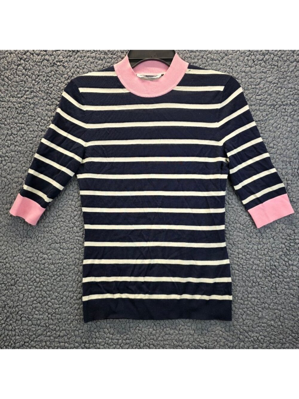 Boss Wool Striped Sweater S Black Pink Mock Neck Nautical Quiet Luxury Preppy